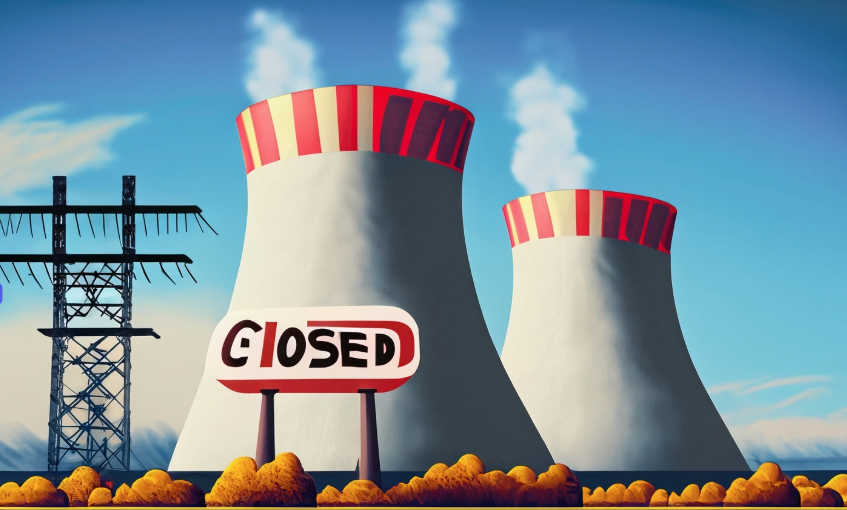 Two pretty nuclear cooling towers with a funky closed sign in front.